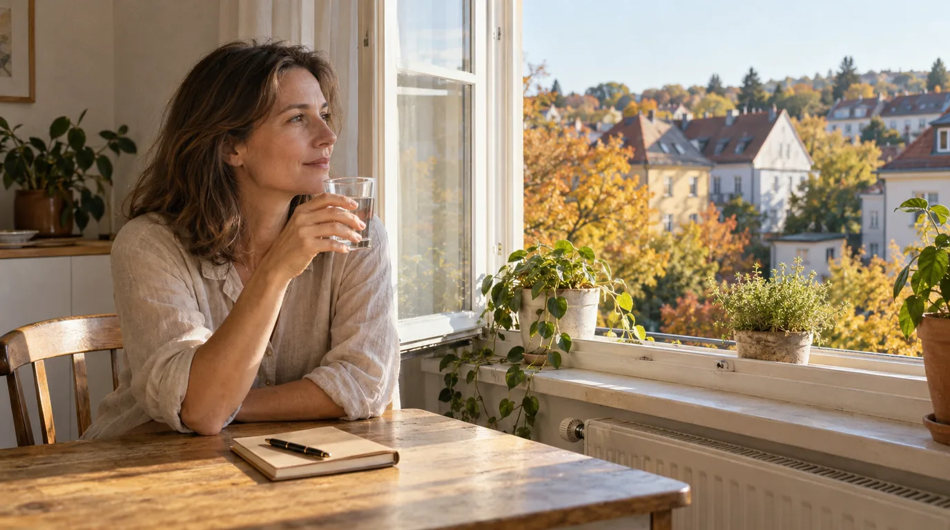 Frau Mitte vierzig sitzt mit einem Glas Wasser am offenen Fenster, vor ihr auf dem Tisch ein Notizbuch