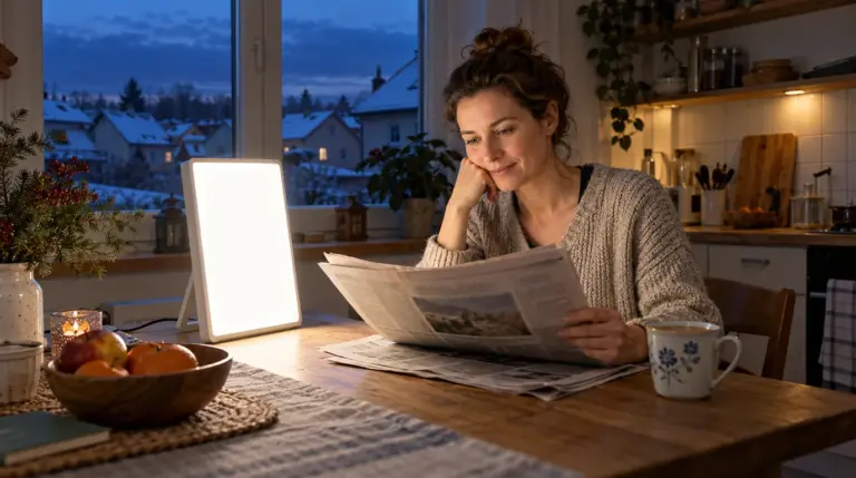Frau liest an einem dunklen Wintermorgen am Küchentisch Zeitung, neben ihr leuchtet eine Tageslichtlampe